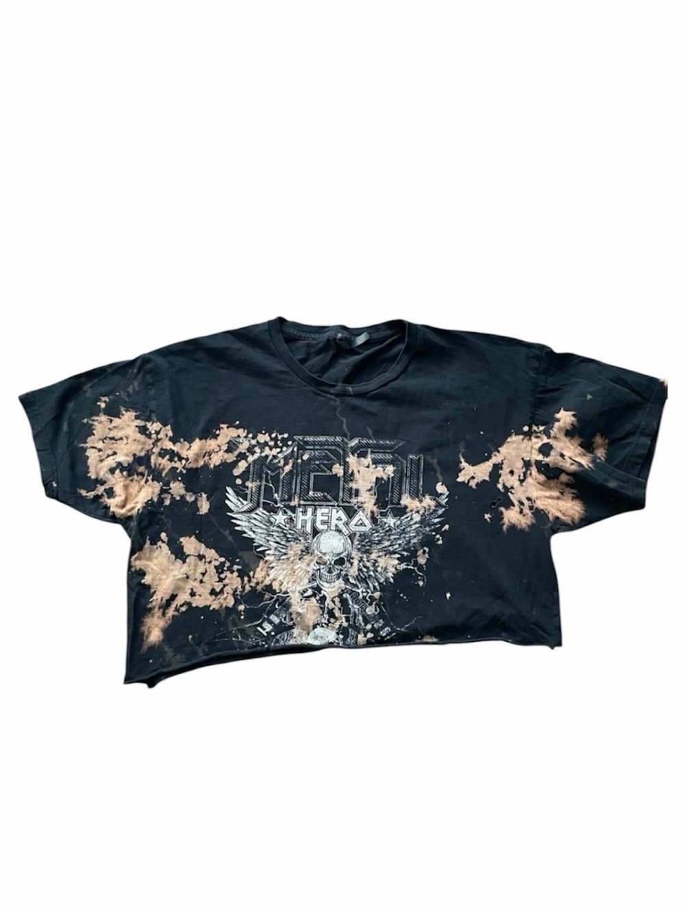 JCFITS Bleached Graphic Crop Top Shirt Black Skull Wing Distressed Oversized M